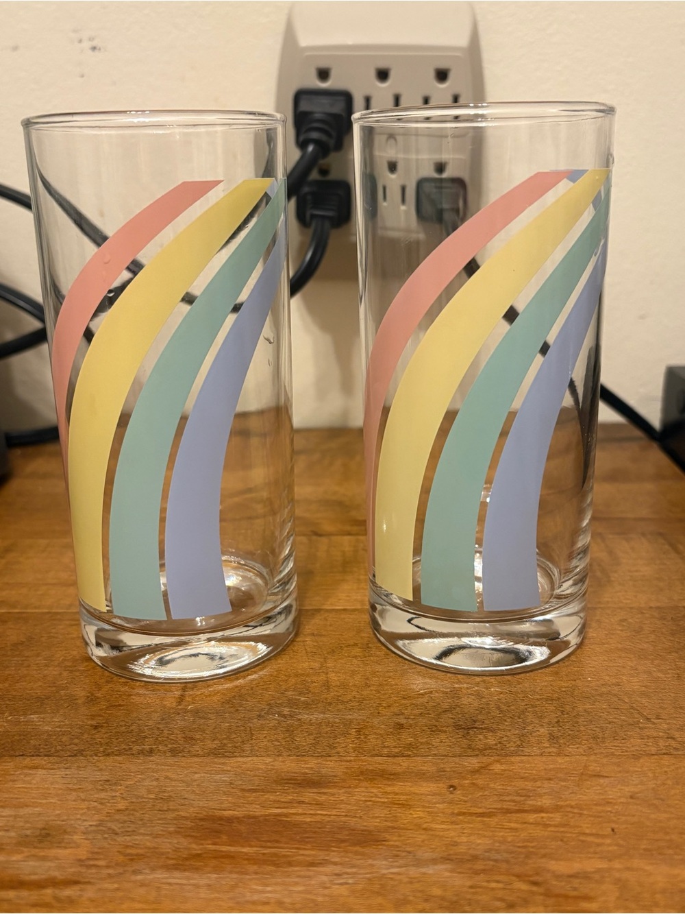 Vintage 1960s Nutella Pastel Rainbow Stripe Highball Drinking Glasses - Set of 2